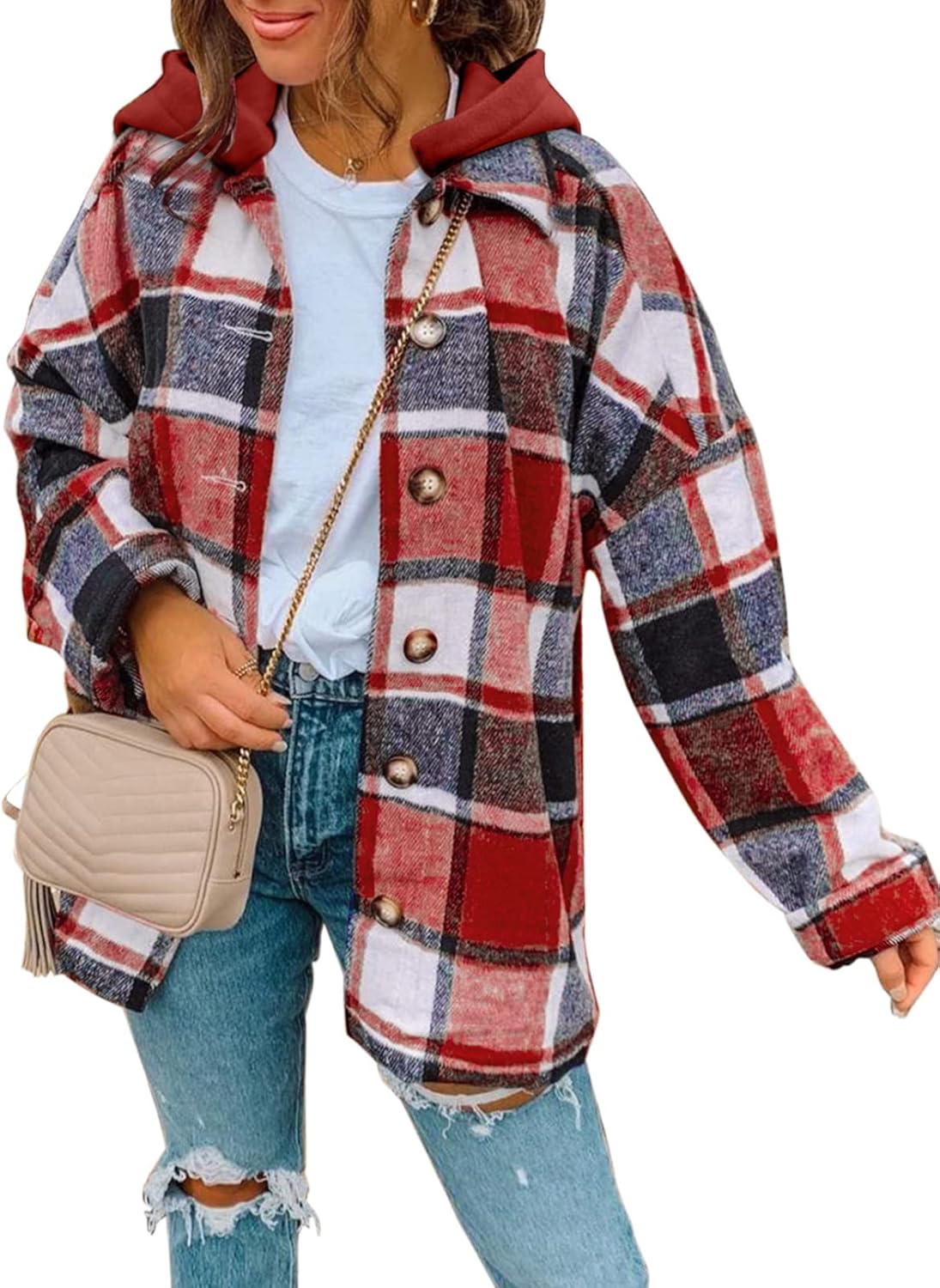 Hooded Flannel Plaid Shacket Jacket for Stylish Women