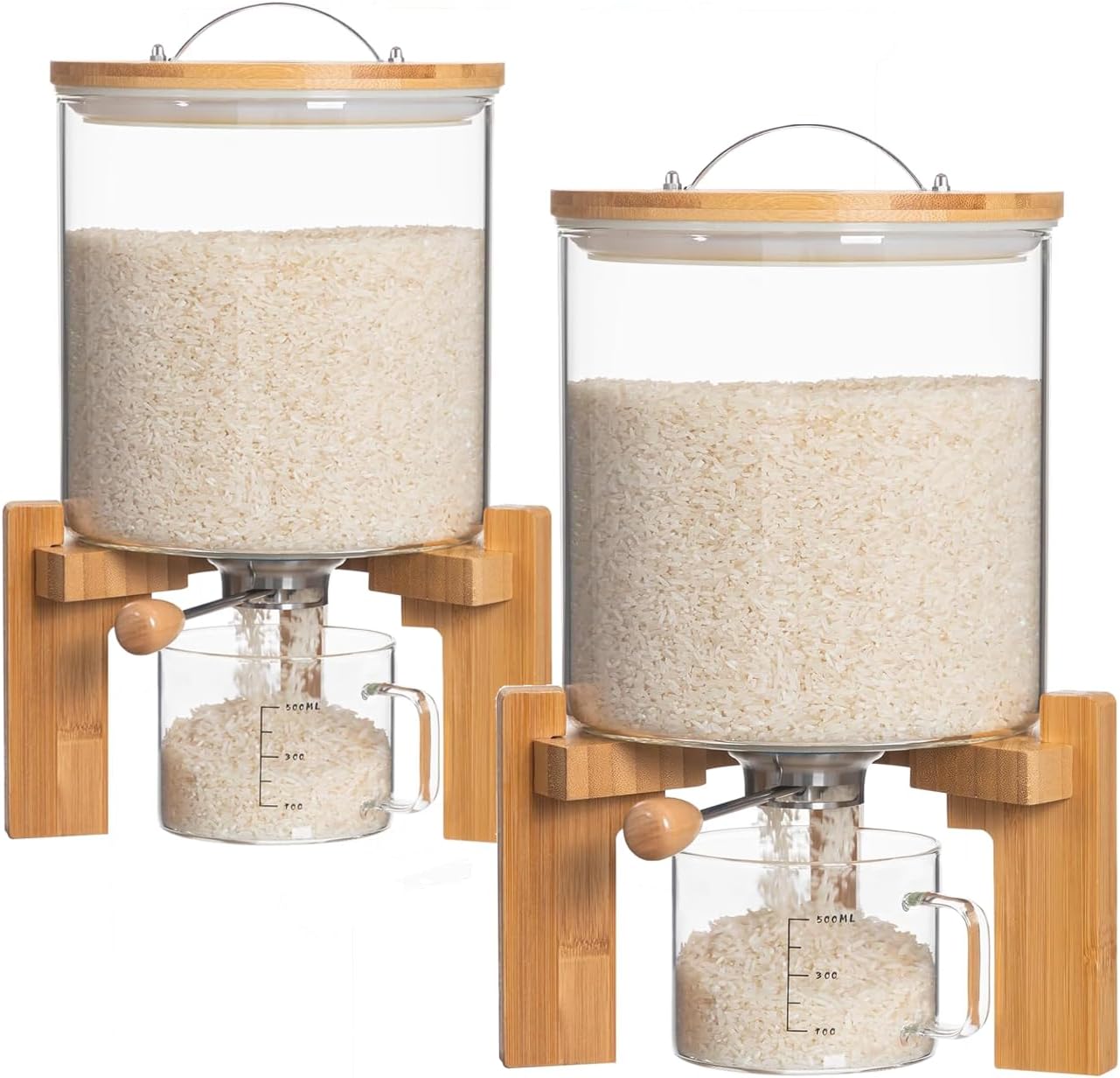 Efficient Rice Dispenser with Wooden Stand for Kitchen Storage