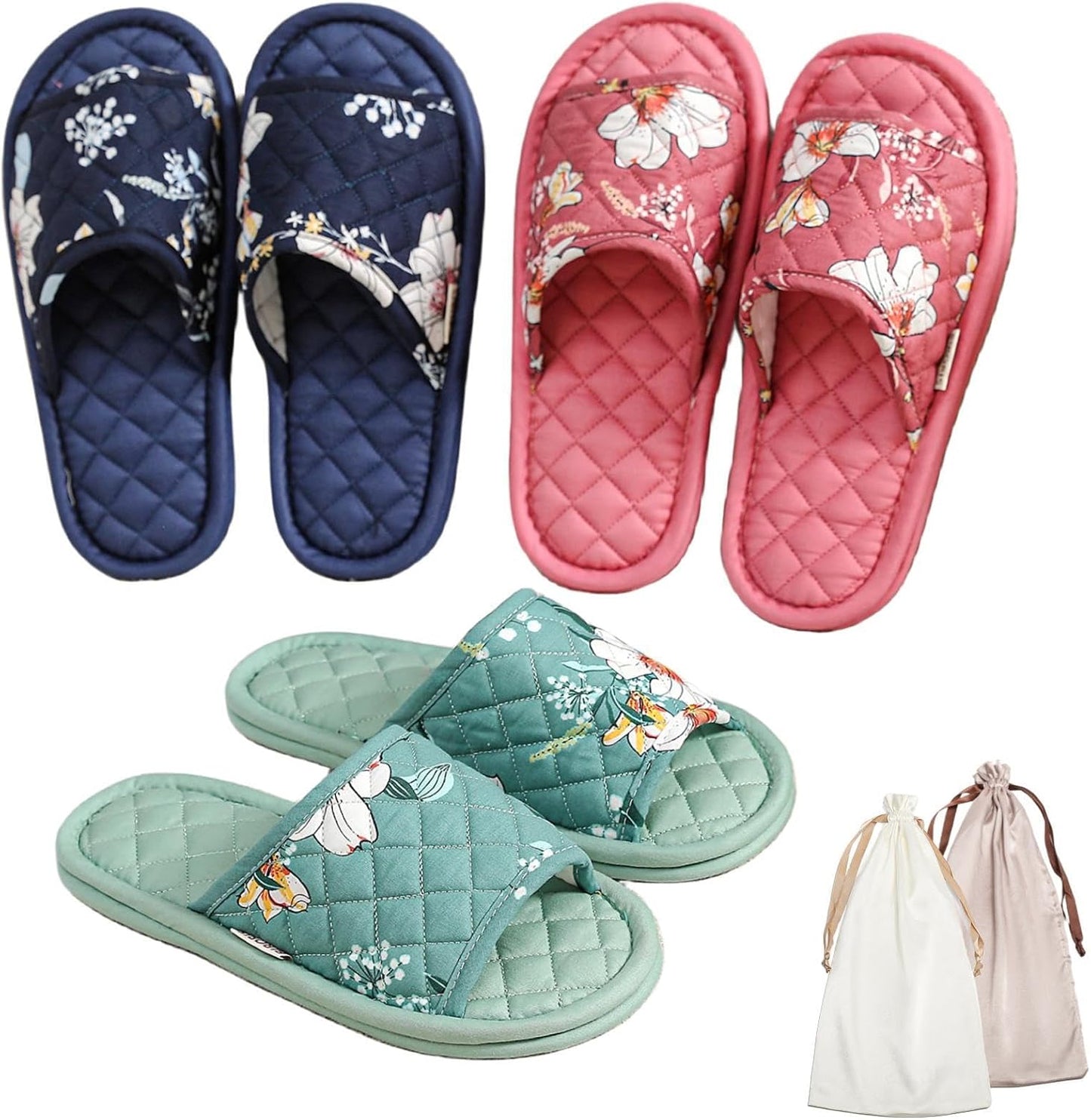 3 Pairs Floral Cotton Slippers for Women - Comfortable Indoor Use