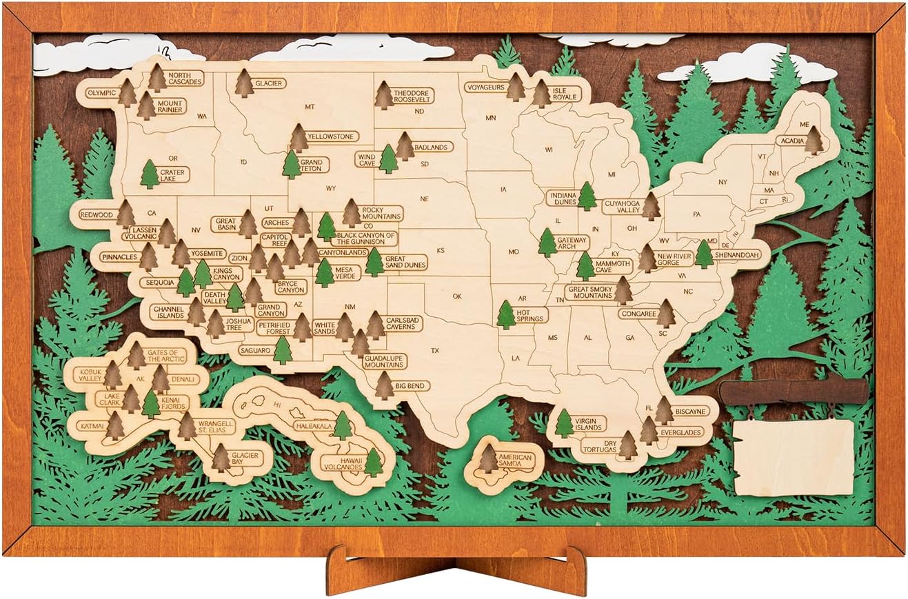 HYPERI Wooden US National Parks Map Wall Art for Travelers