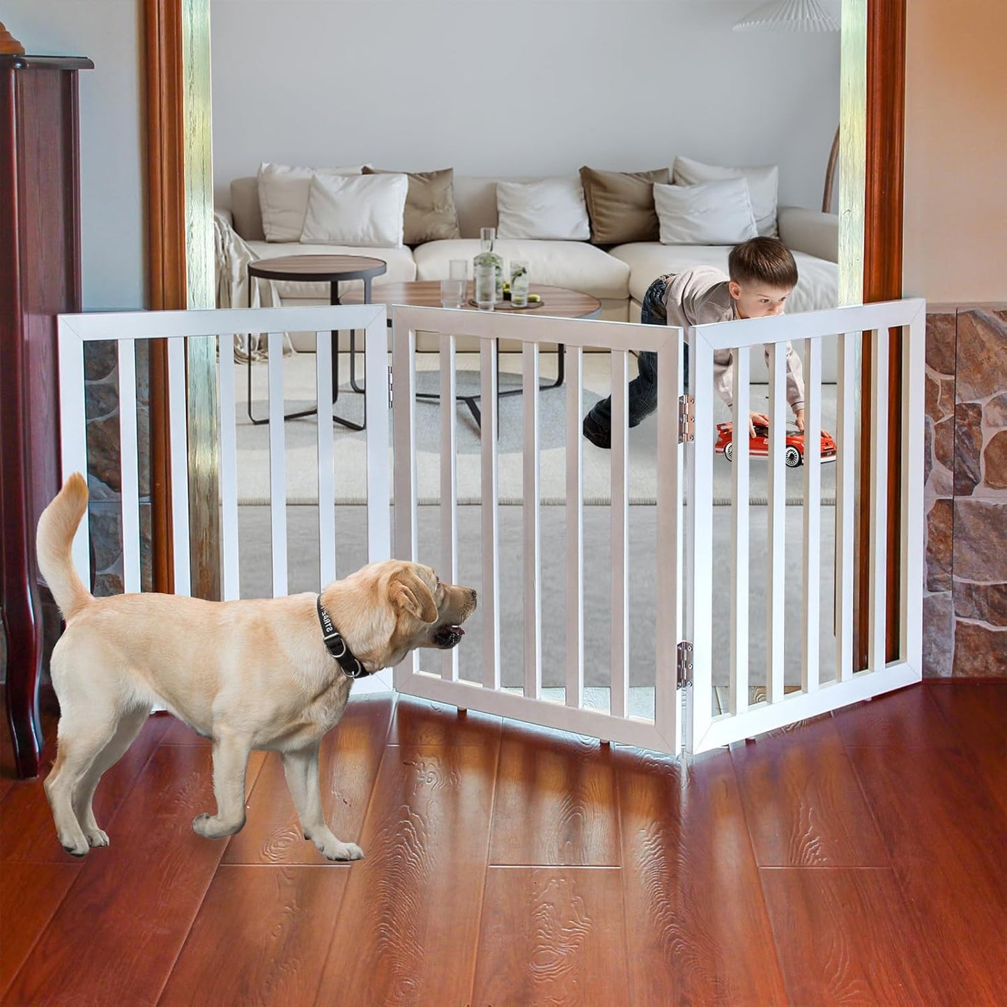 Freestanding Indoor Dog Gate for House - Foldable Wood Pet Gate