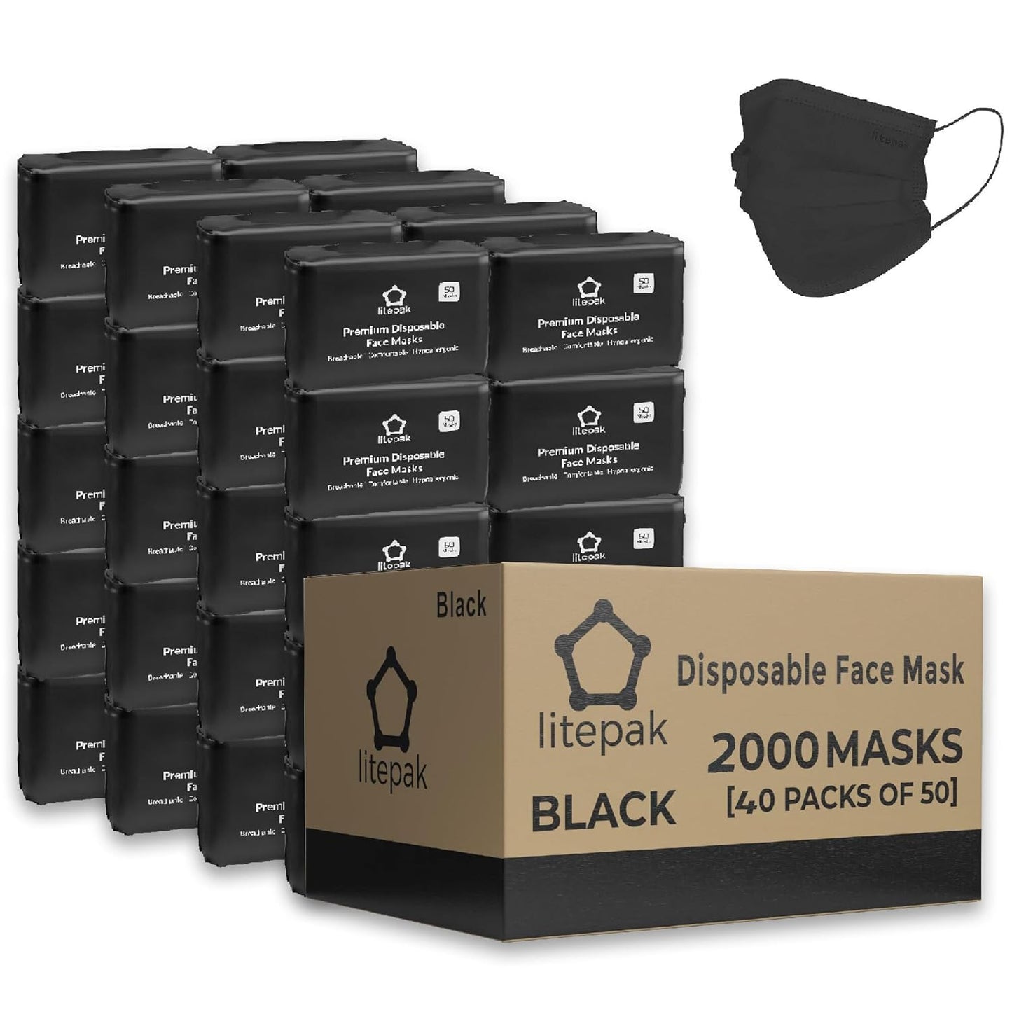 2000pcs Disposable Face Masks - 3 Ply Breathable Black Masks