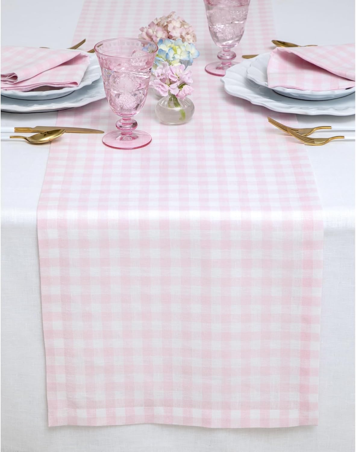 Gingham Check Table Runner 14 x 144 Inches in Marshmellow Pink