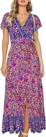 Bohemian Floral Printed Wrap V Neck Maxi Dress for Beach Parties