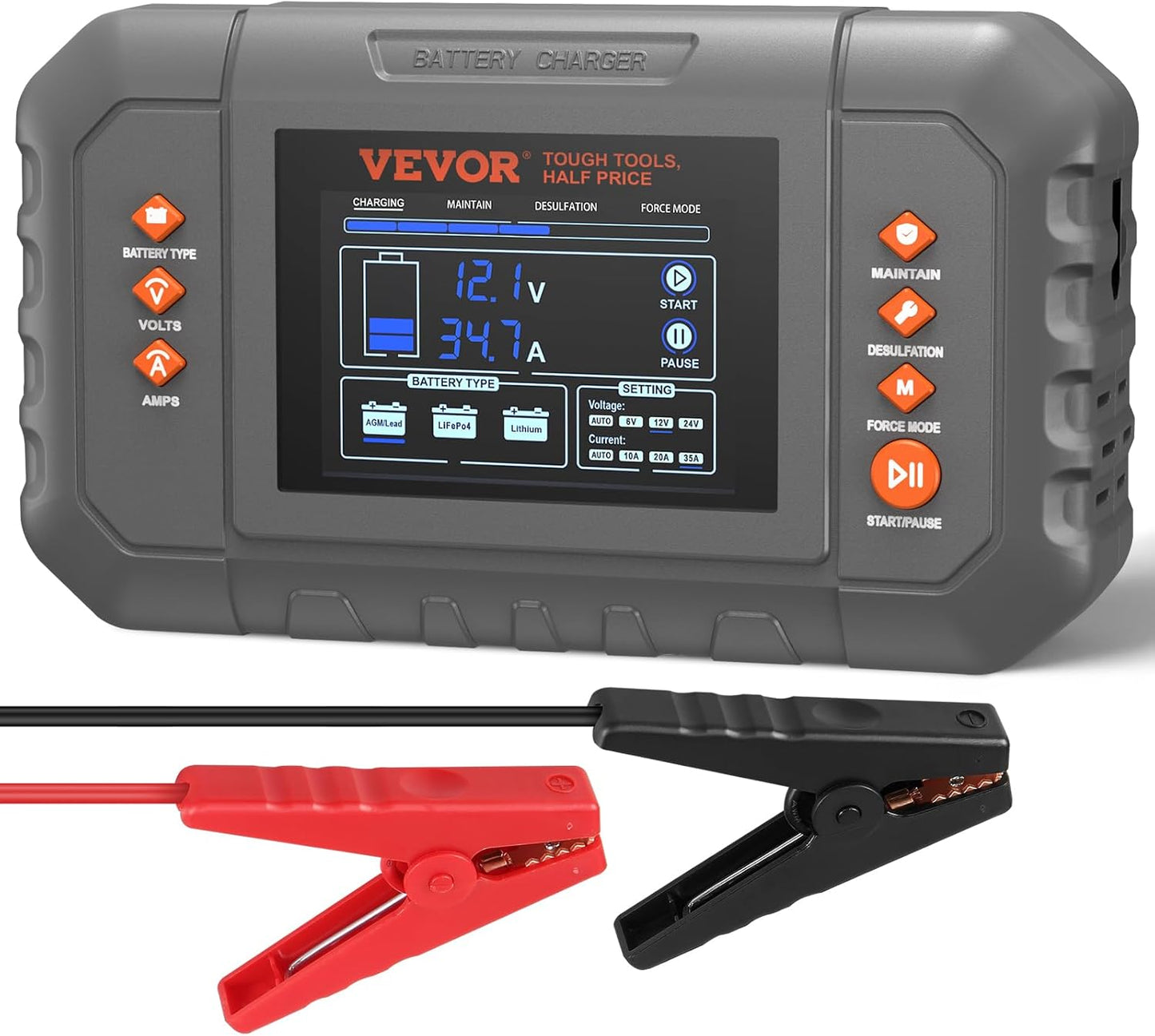 VEVOR Smart 35-Amp Battery Charger - LCD Display, Desulfator, Maintainer