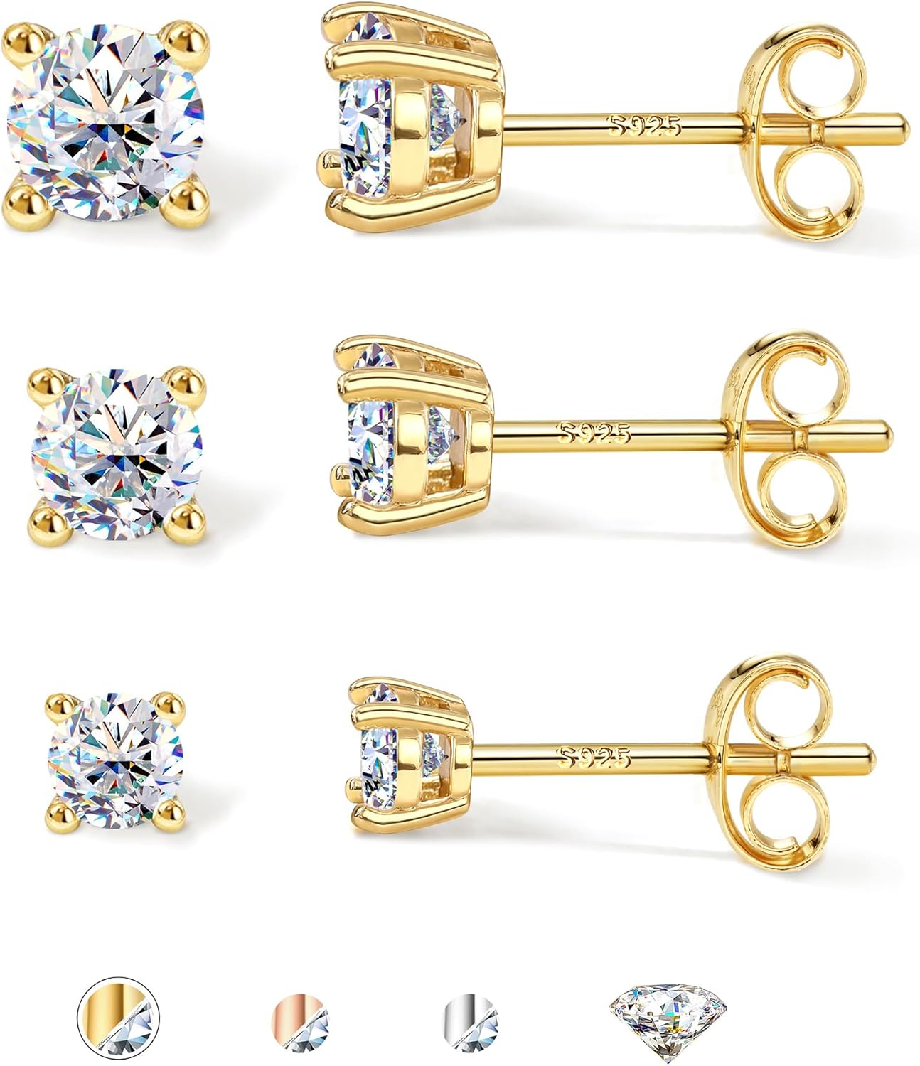 3 Pairs Moissanite Earrings Studs in 14K Gold Plated Silver