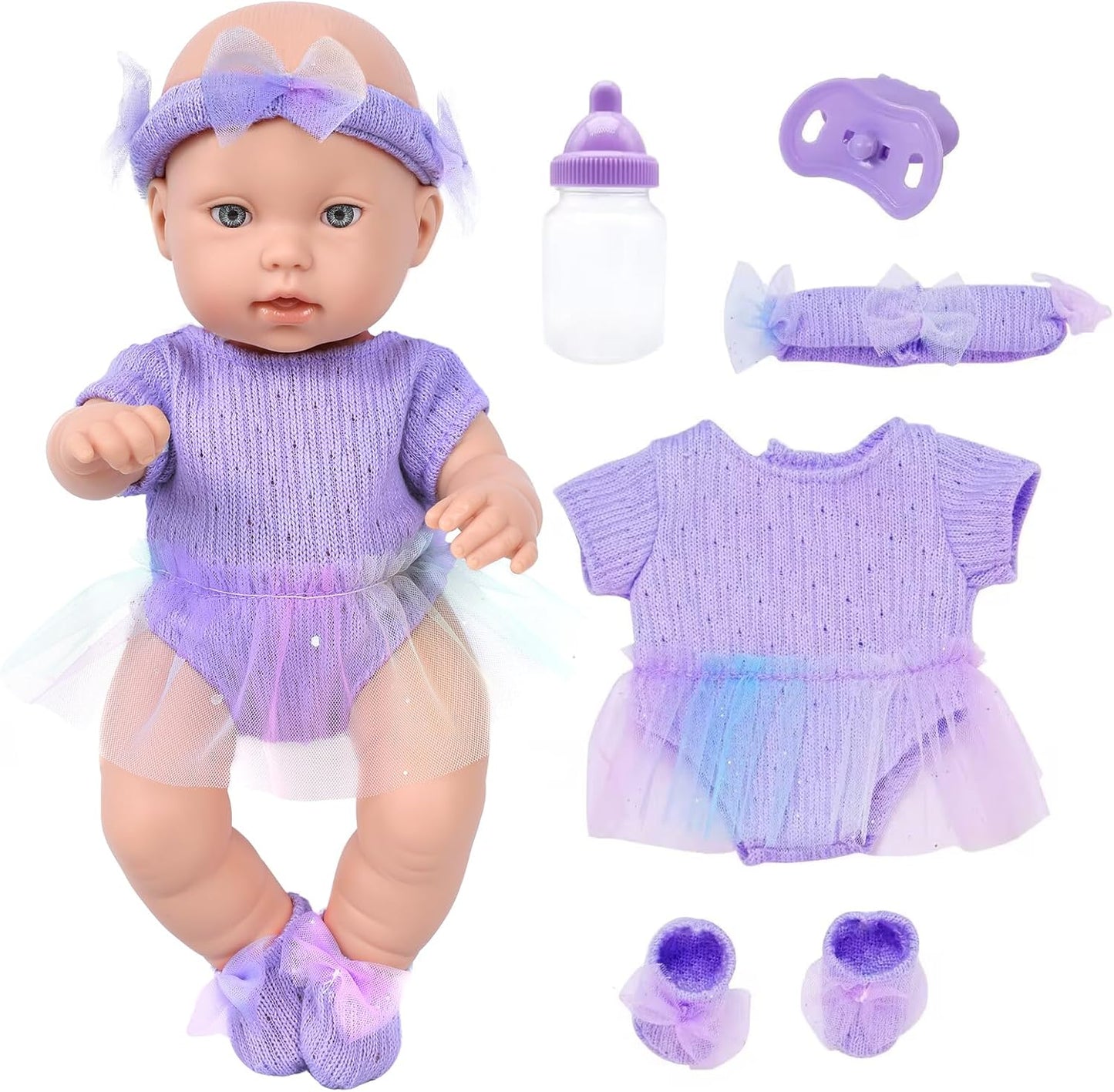 Interactive 12 Purple Baby Doll Set with Feeding Care Accessories - Perfect for Toddlers!