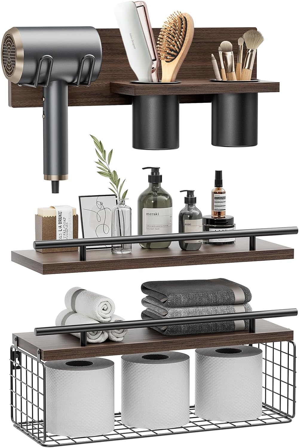 Rustic Bathroom Shelf Set - Hair Dryer Storage