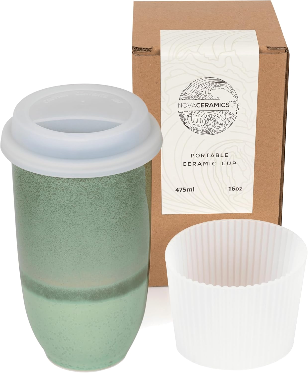 NOVA CERAMICS Coffee Travel Mug - Reusable 16oz Green Tumbler