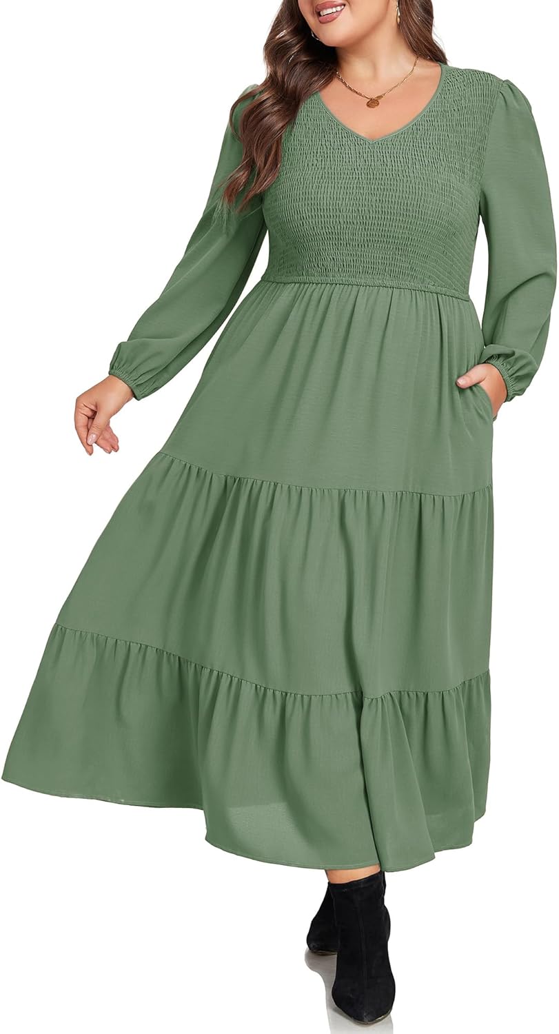 Hanna Nikole Plus Size Fall Dresses Long Sleeve V Neck Maxi