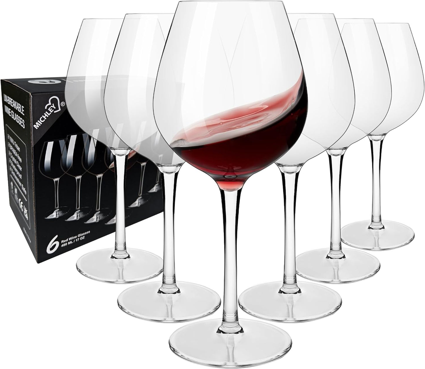 MICHLEY Unbreakable Red Wine Glasses Set of 6 for Any Occasion