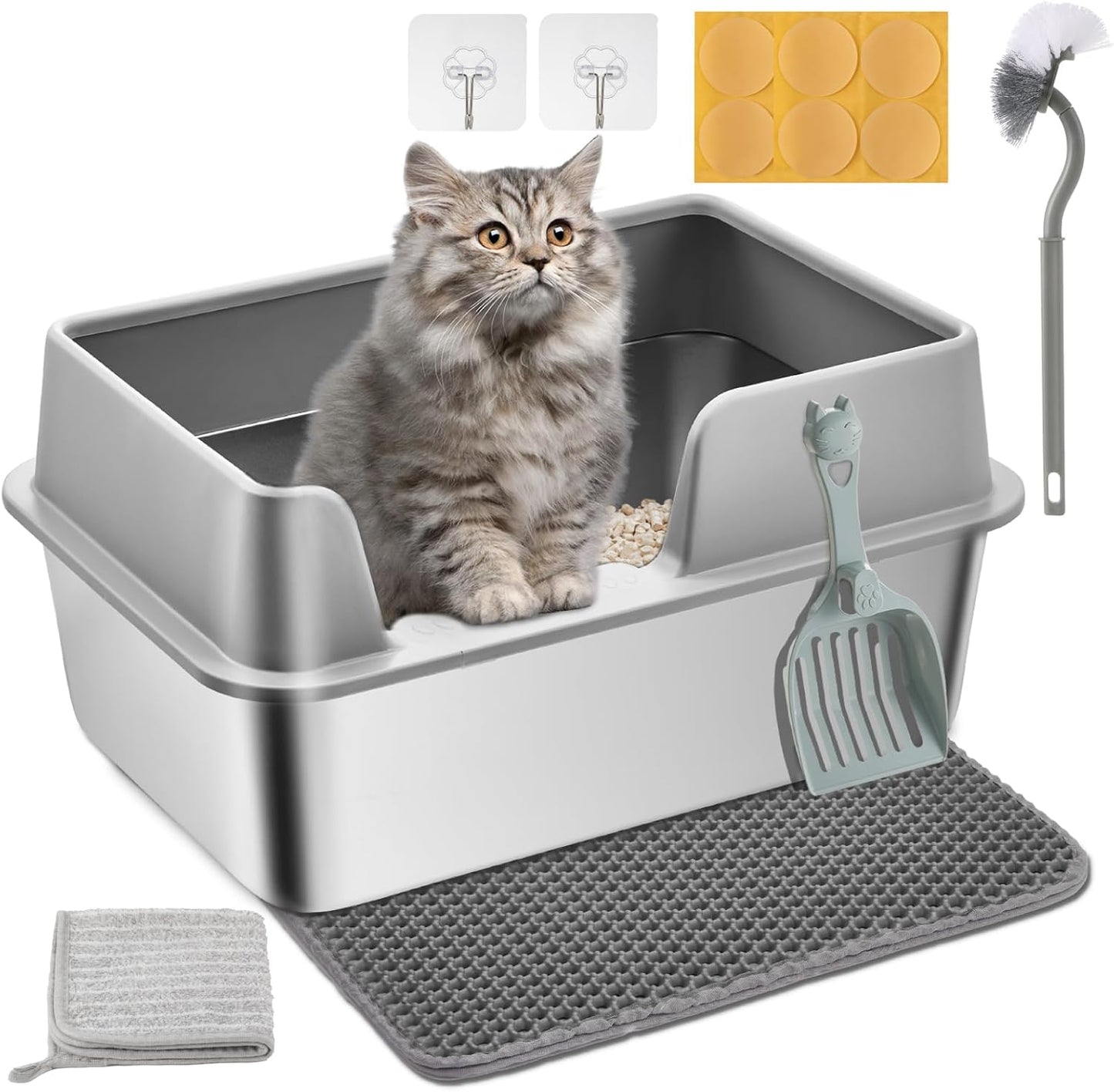Stainless Steel Litter Box with Double Layer Litter Mat for Cats