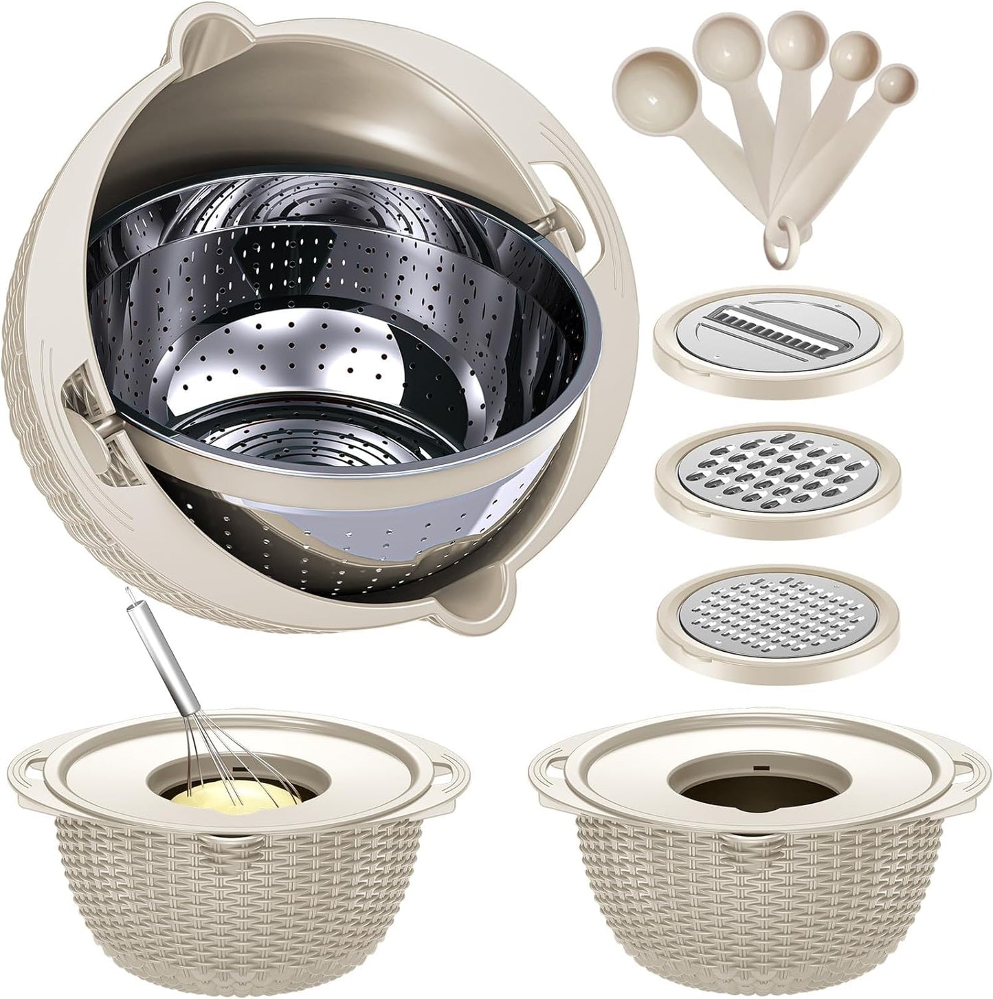Rotating Colander Bowl Set - Aesthetic Kitchen Essential - Beige