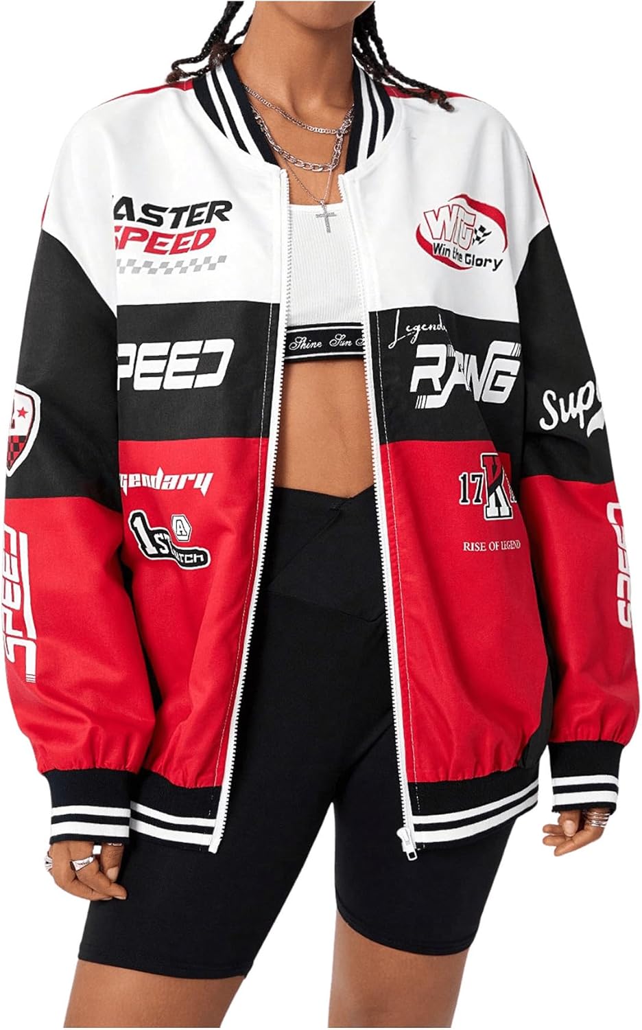 GORGLITTER Women's Racing Jacket Color Block Zip Up Varsity Style