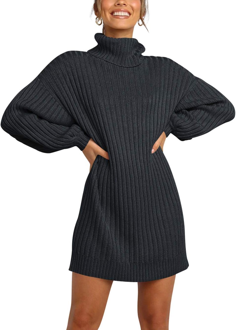 Oversized Sweater Dress for Women - Turtleneck Batwing Style