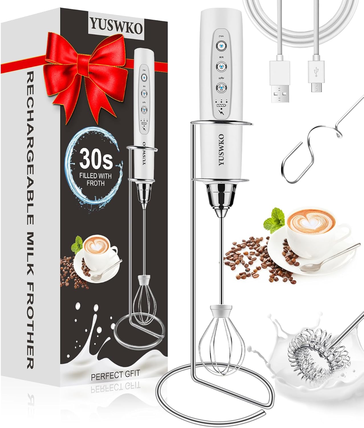 YUSWKO Handheld Milk Frother with Stand for Perfect Coffee