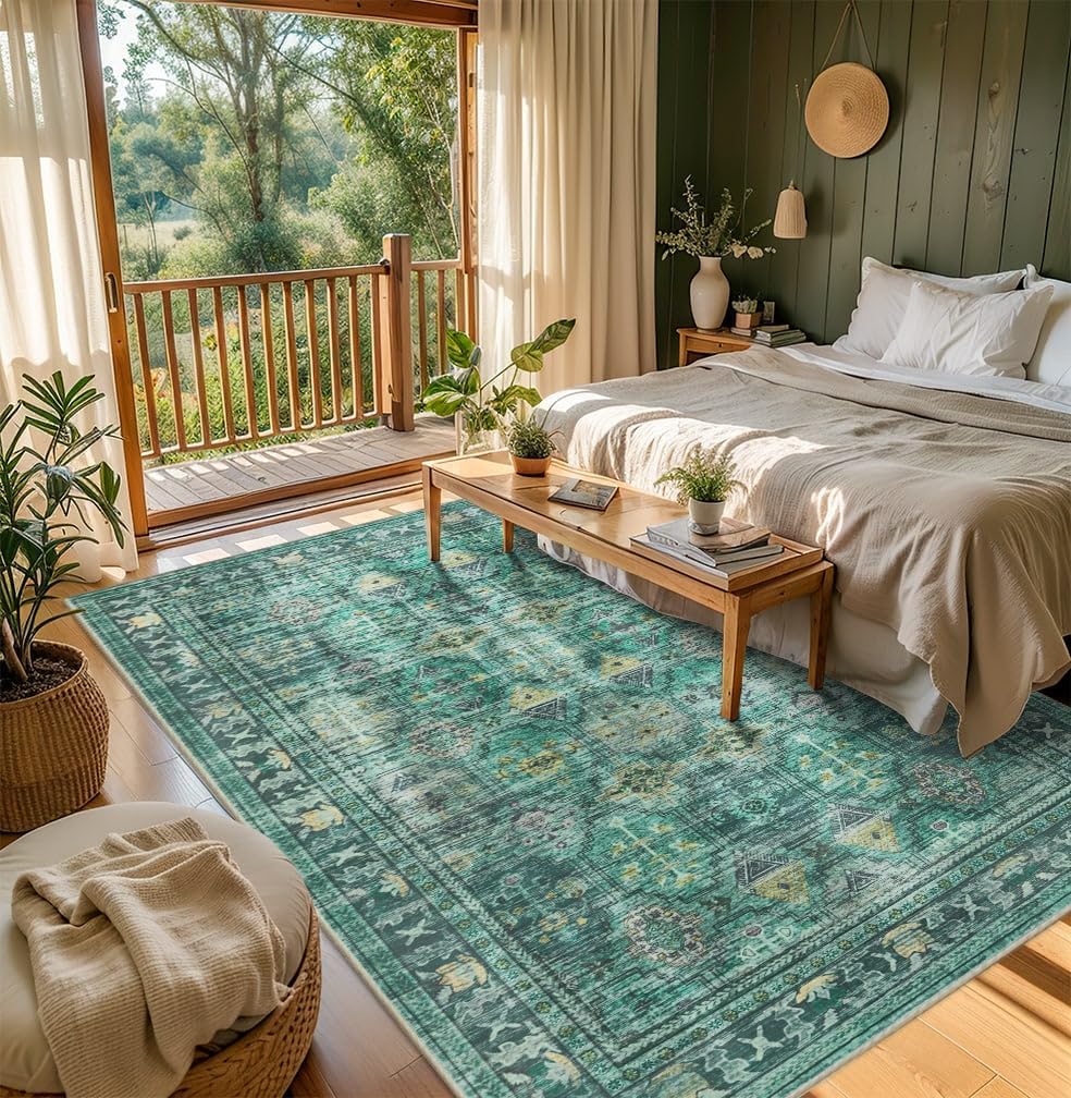 6x9 Area Rugs for Living Room Bedroom, Vintage Boho Green Rug