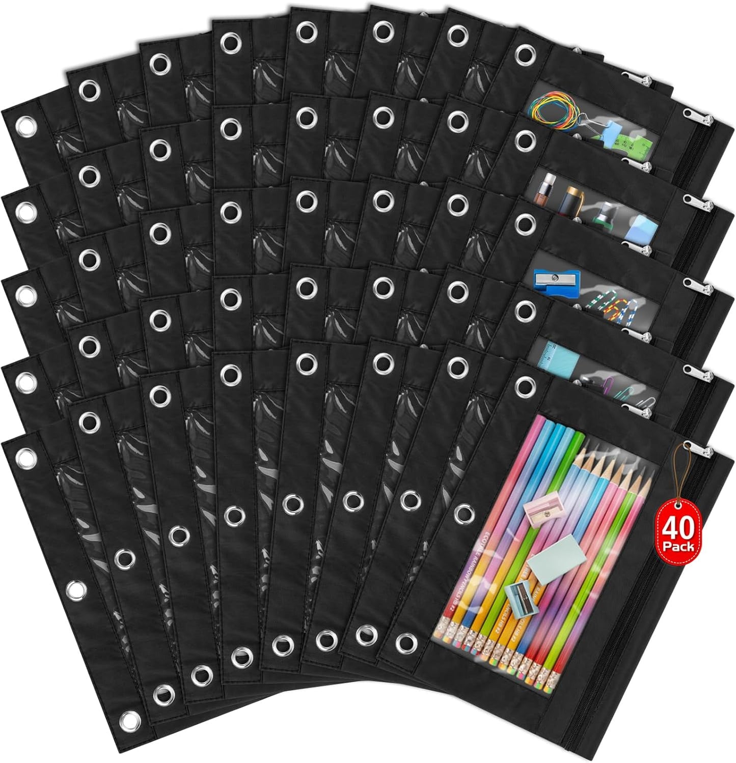 40 Pack Black Pencil Pouch for 3 Ring Binder Organization