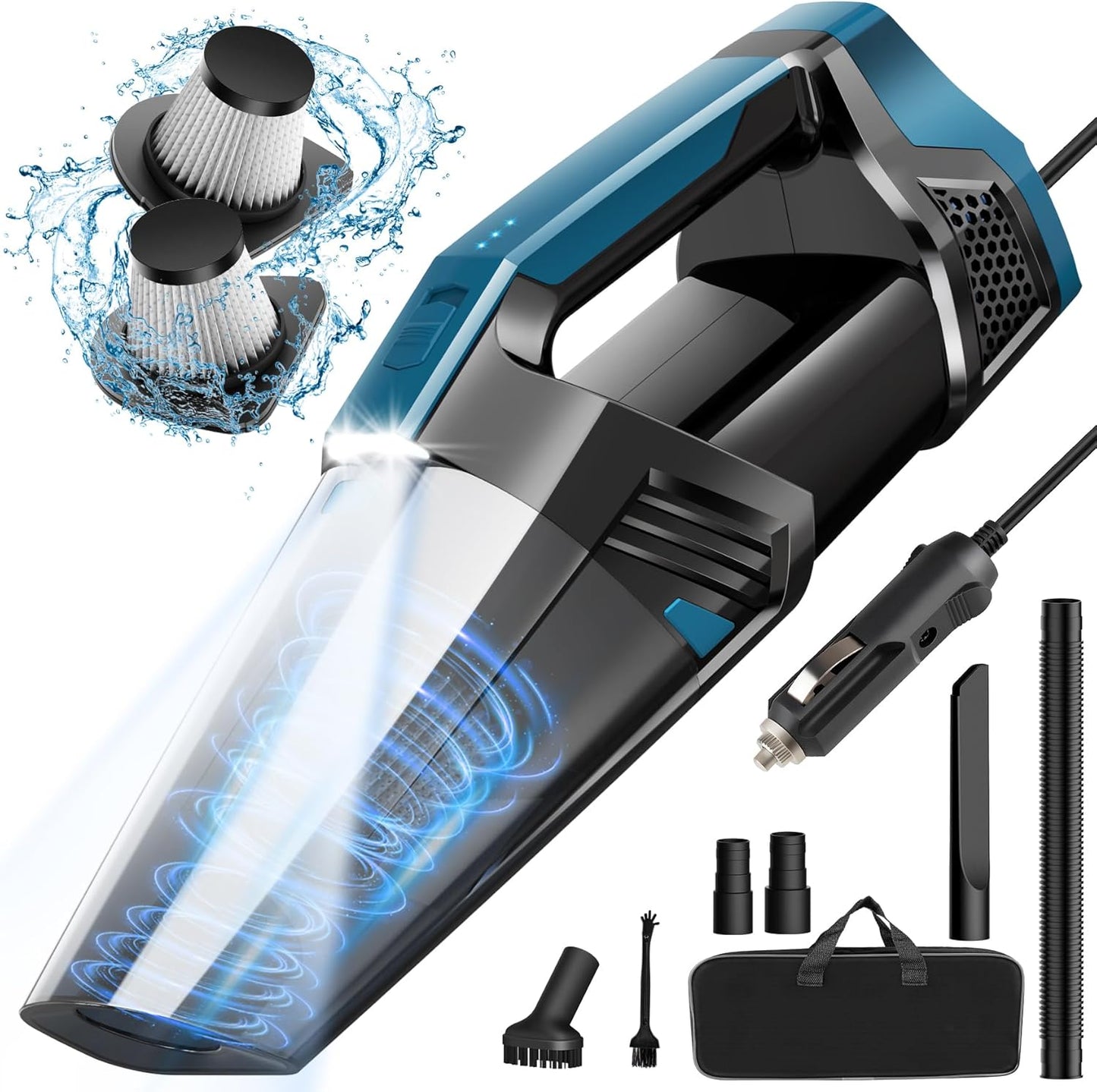 Portable High Power Car Vacuum - 16.4ft Cord, LED Light, Attachments - Travel-Friendly!