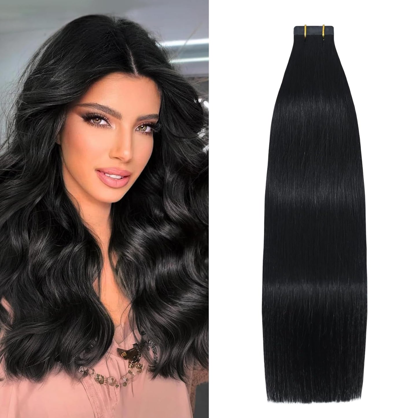 Jet Black Tape in Hair Extensions for Natural Glamour 18 Inch