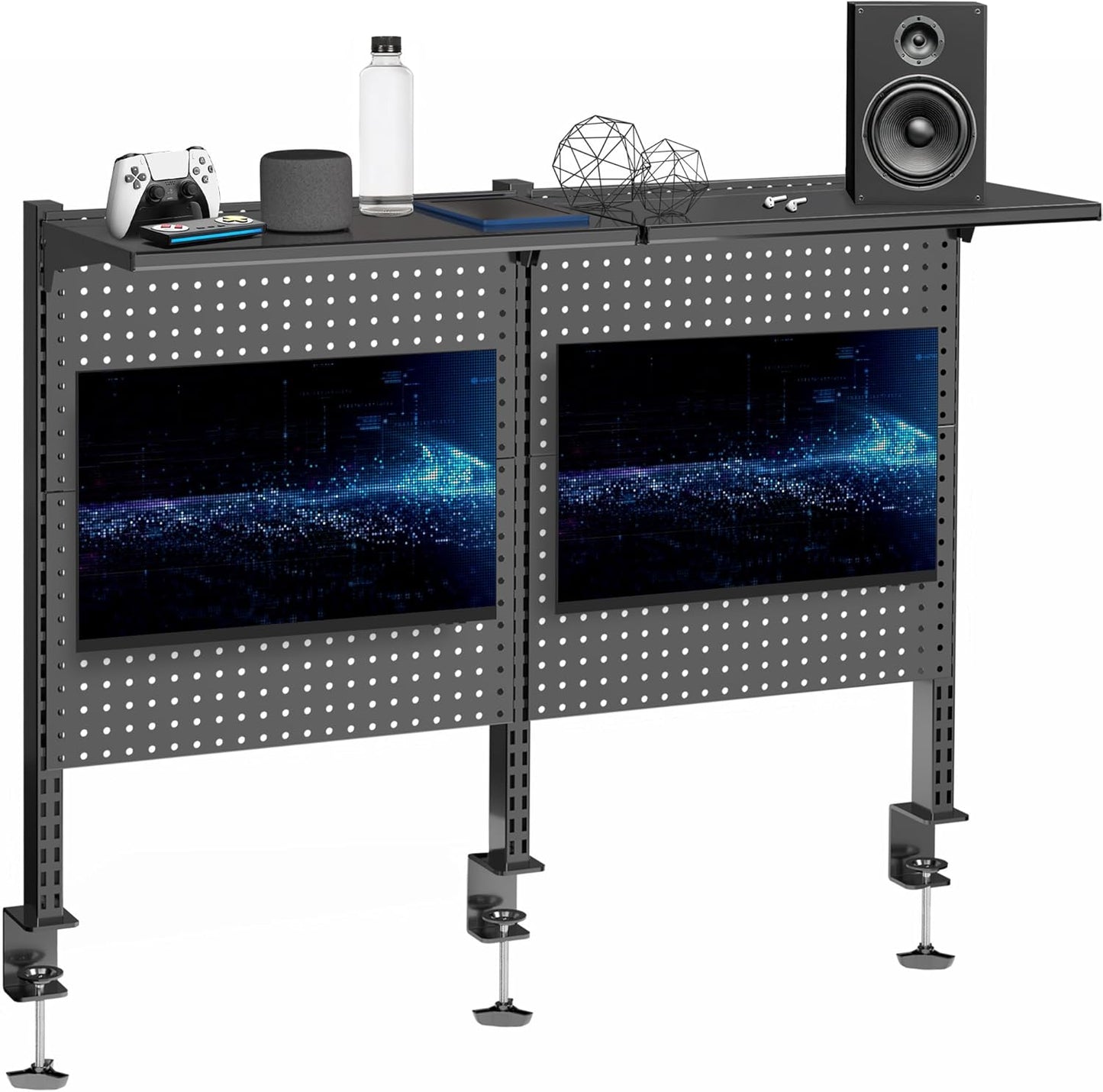VIVO Steel Triple Clamp Desk Pegboard System with Monitor Mounts
