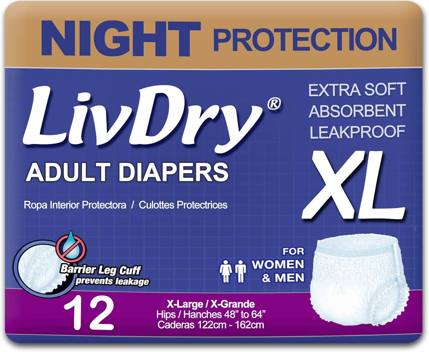LivDry XL Overnight Adult Diapers XL 12-Pack - Ultimate Incontinence Protection