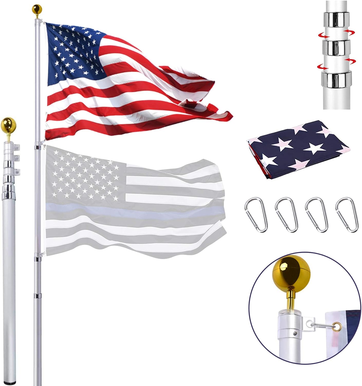 20FT Telescoping Flag Pole Kit for Residential and Commercial Use
