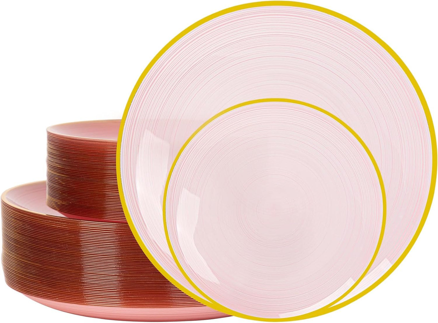 100PCS Pink Plastic Plates with Gold Rim for Elegant Parties