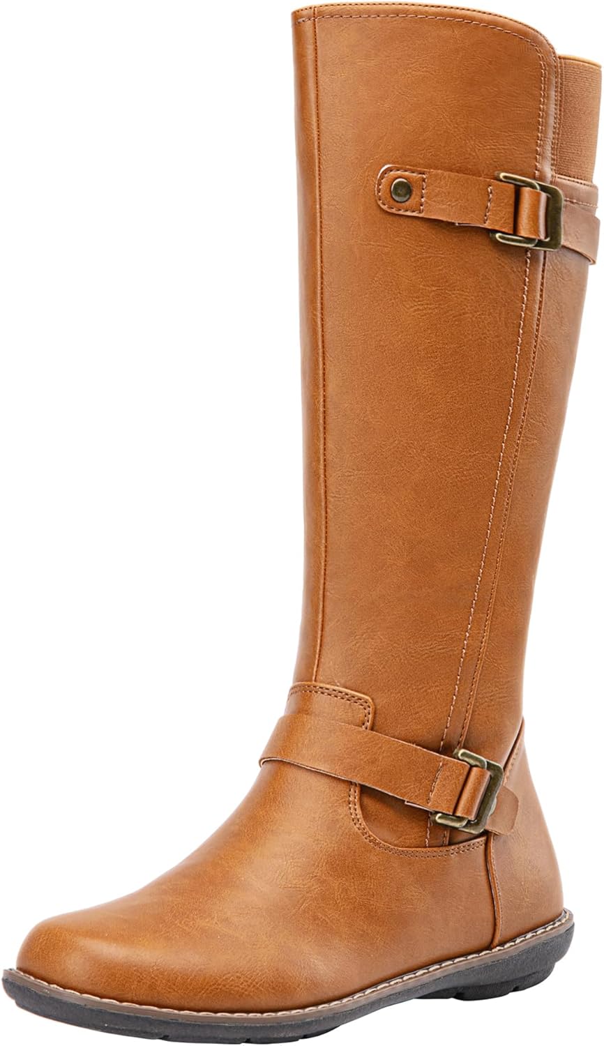 Jeossy Women's Knee High Boots with Buckle and Side Zipper