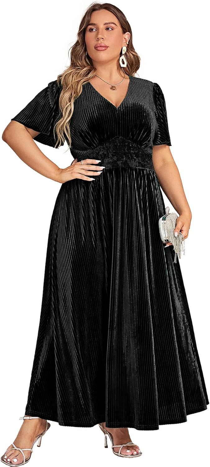 Simplee Womens V Neck Velvet Maxi Dress for Wedding Guests