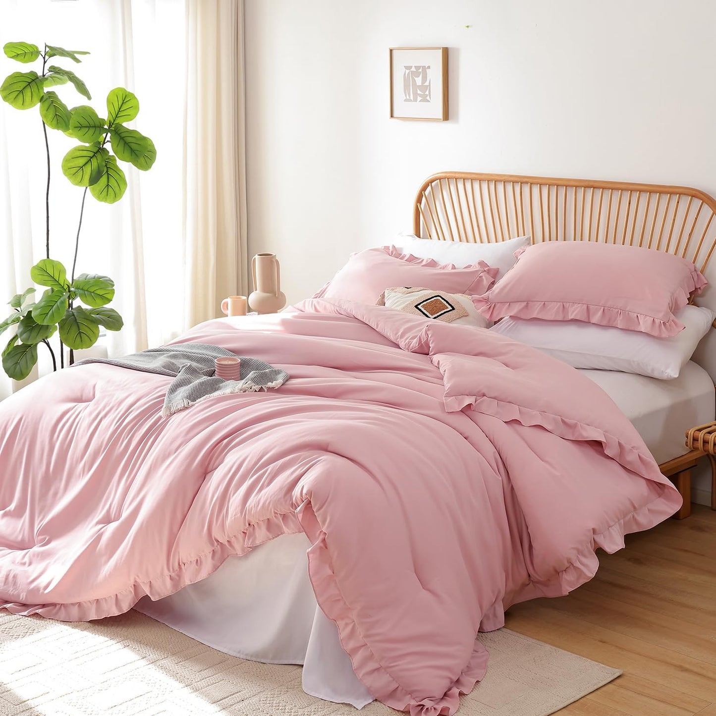 Baby Pink King Comforter Set with Ruffles for Cozy Bedrooms