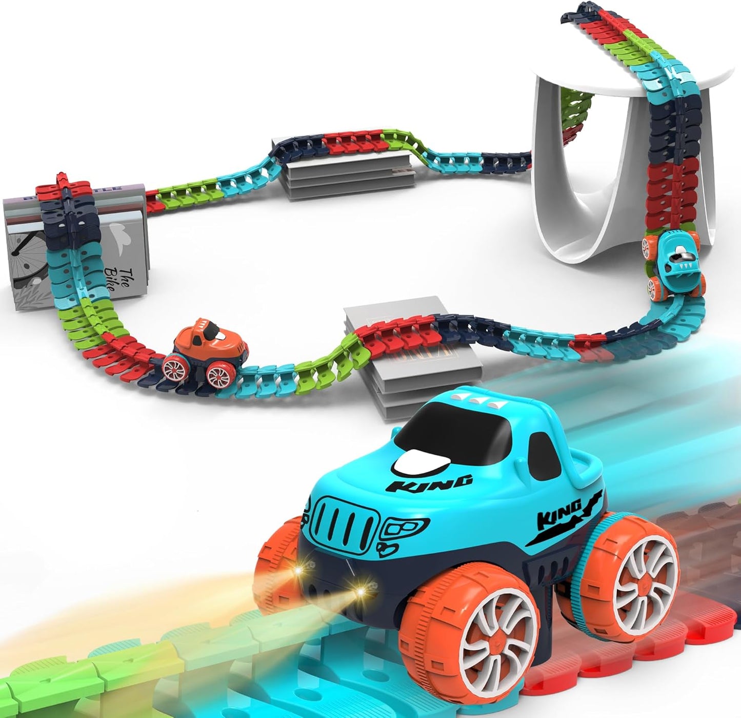 Race Track Toy for Kids with LED Light-Up Car and 184pcs