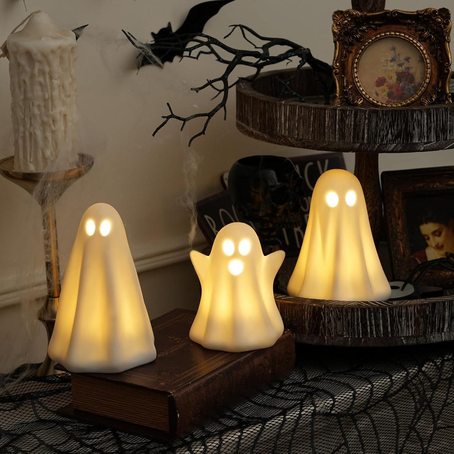 Light Up Ghost Halloween Decor - 3 Pack Ceramic Ghosts