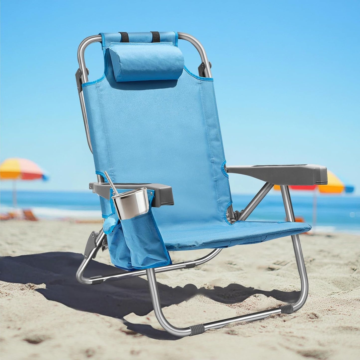 Ultimate Relaxation Companion: 5-Position Tall Beach Chair with Cooler & Storage