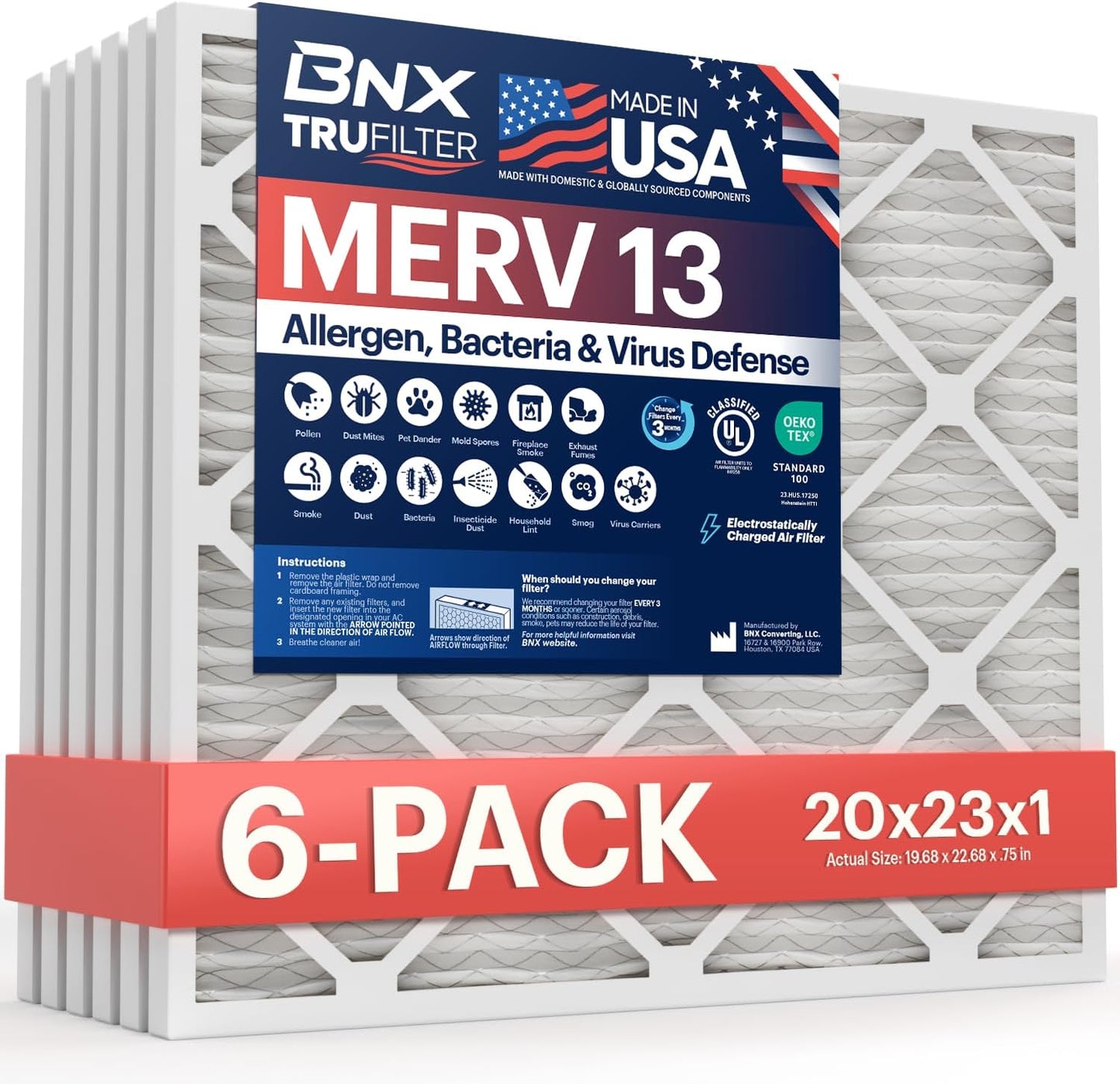 BNX TruFilter 20x23x1 MERV 13 Air Filter for Cleaner Air