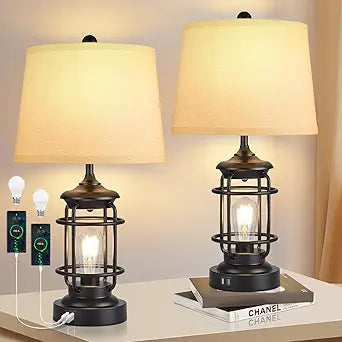 Rustic Industrial Table Lamps Set of 2 with USB Ports and Dimming