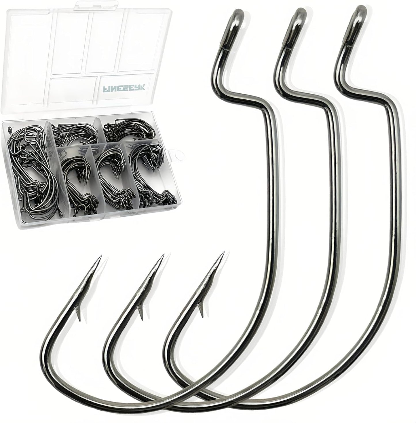 FINOSEAK 120Pcs Bass Fishing Hooks Set, High Carbon Steel Sharp Barbed Extra Wide Gap Worm Hooks - Saltwater & Freshwater Fishing