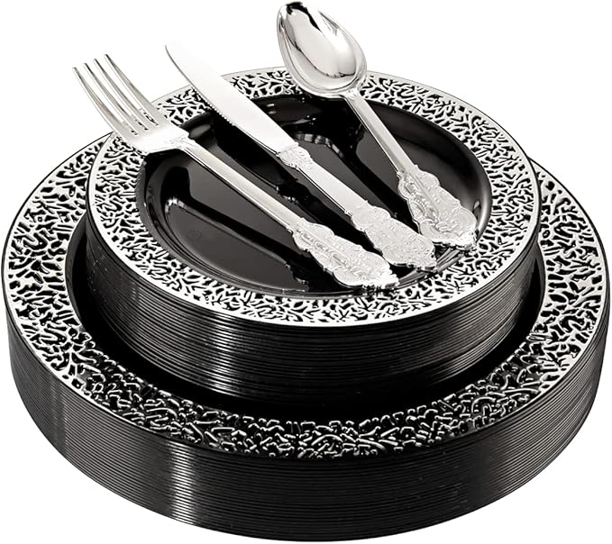 WELLIFE 125PCS Black Plastic Plates and Cutlery Set for Events