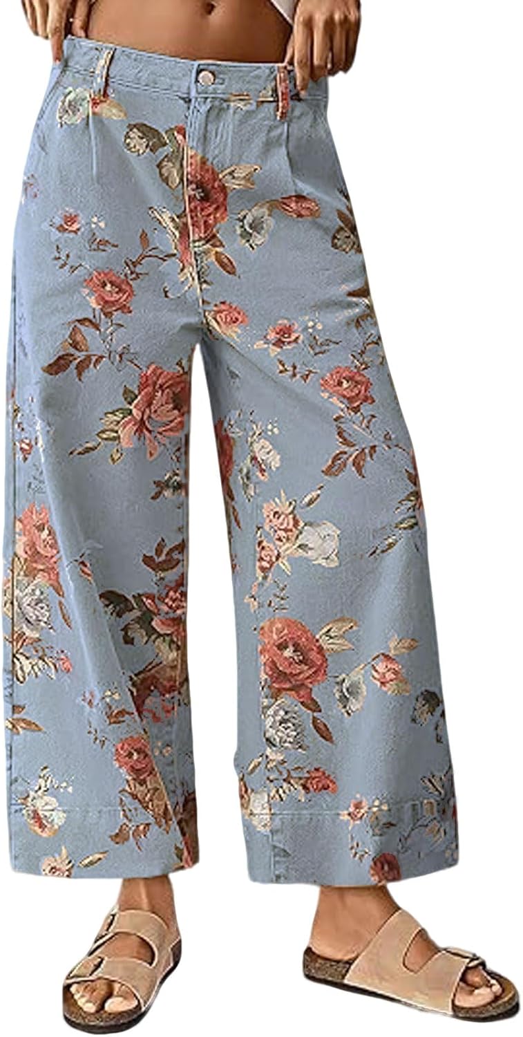 Floral Wide Leg Cropped Jeans for Women by loveimgs - Stylish Fit