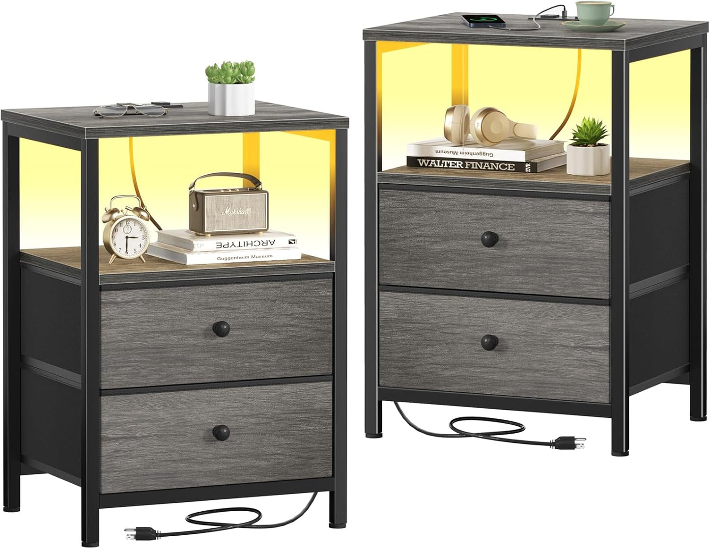 BOLUO Grey Nightstands Set of 2 with Charging Station and LED Light