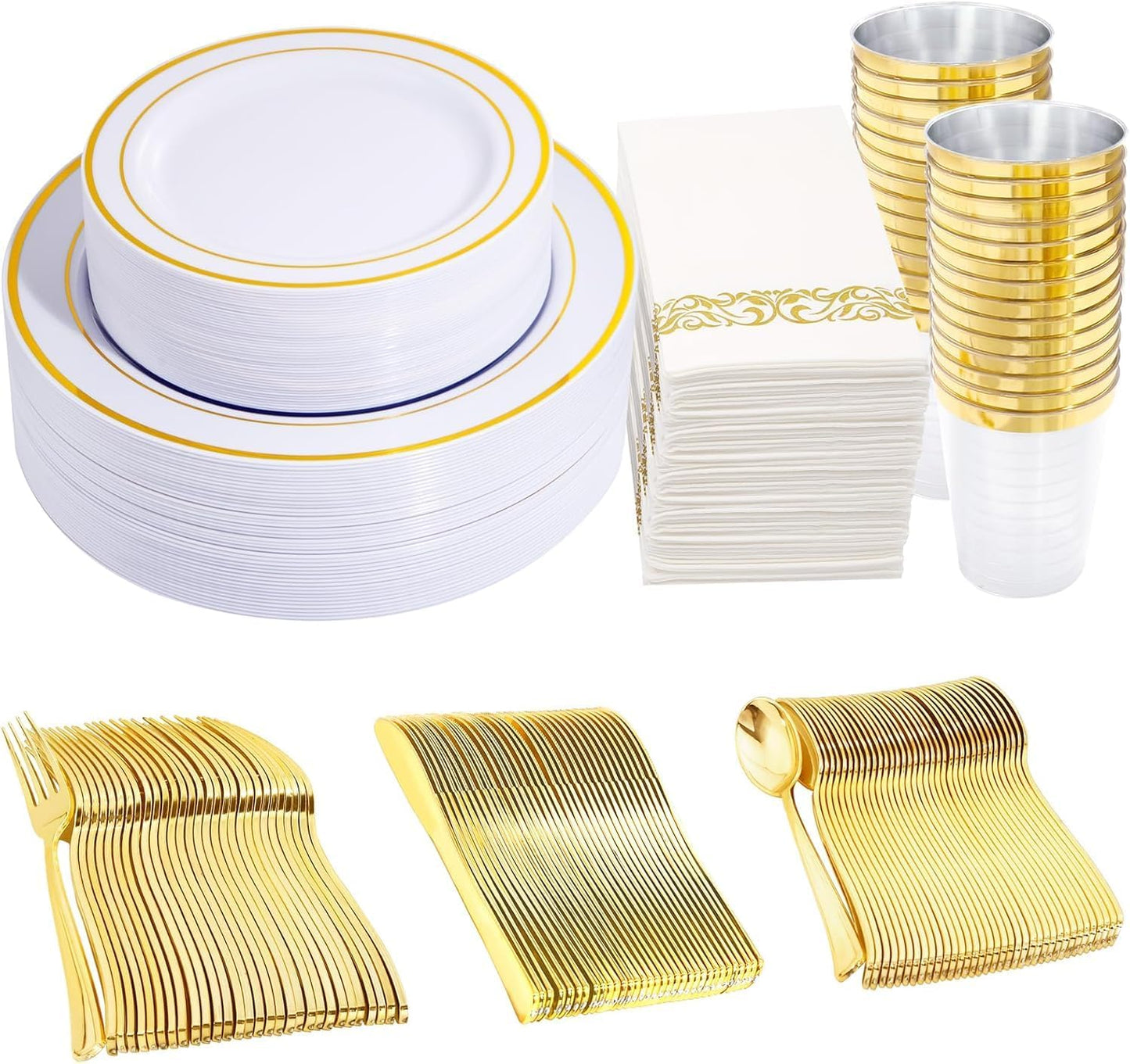 350 Pieces White and Gold Plastic Plates for Thanksgiving Dinner