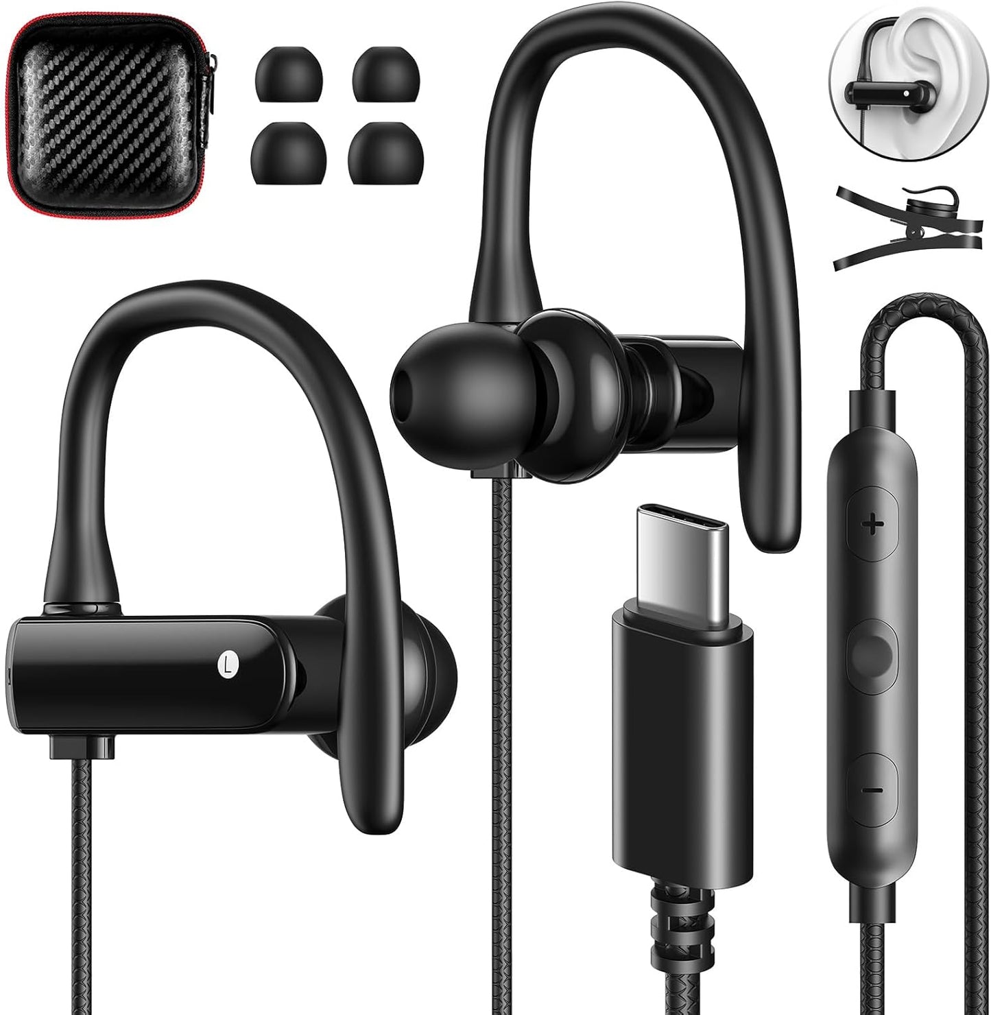 Secure Fit USB C Over Ear Hooks Earbuds