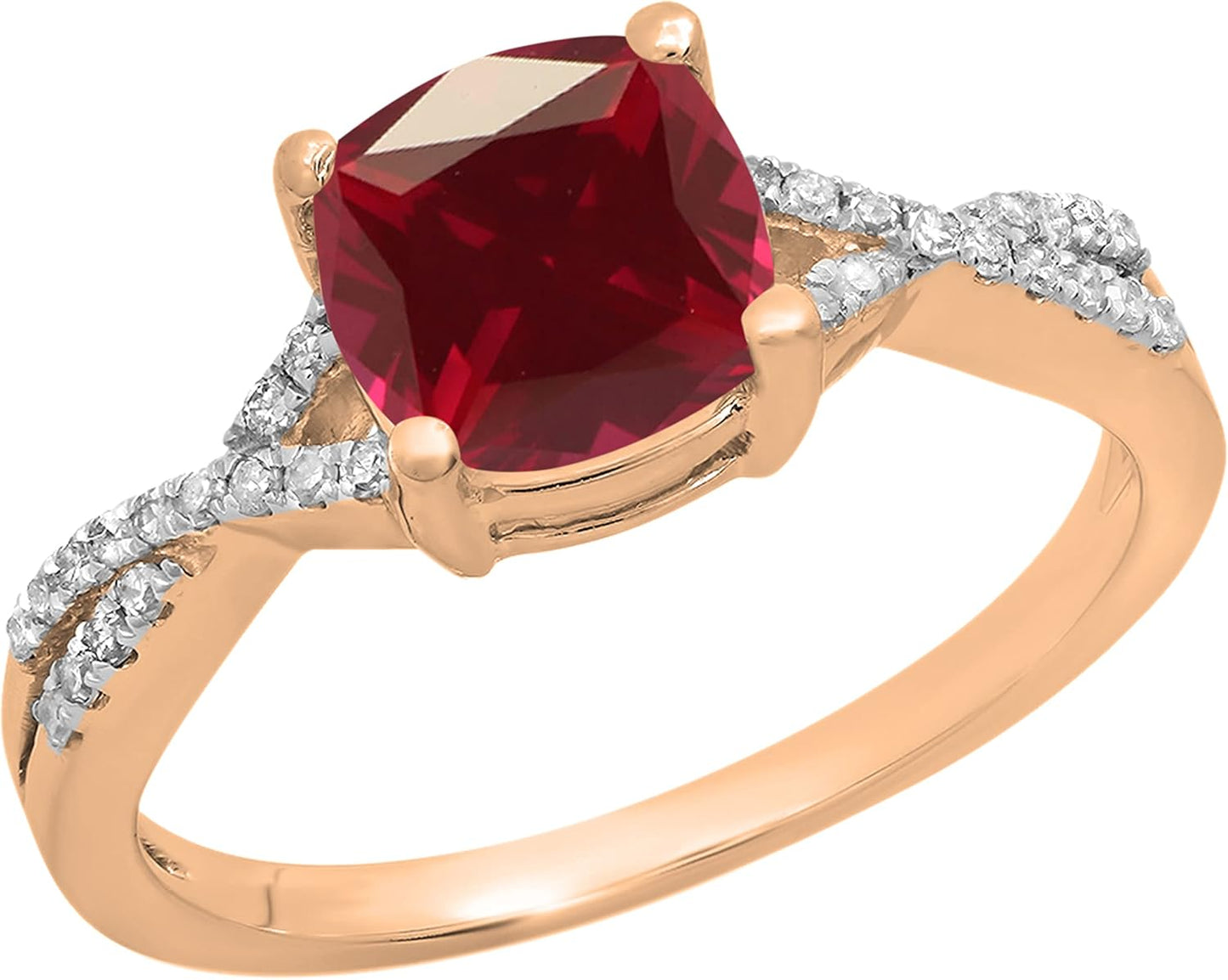 7MM Cushion Gemstone & White Diamond Swirl Engagement Ring