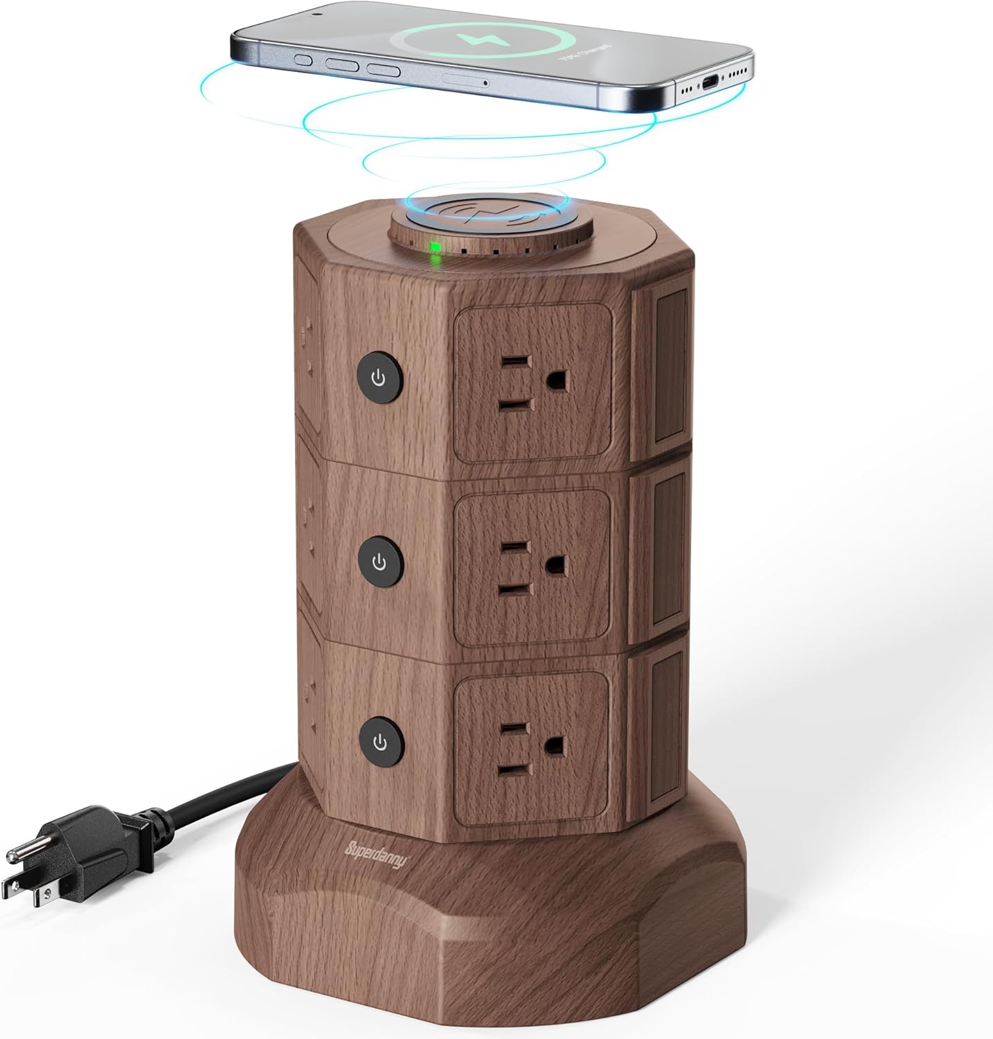 Power Strip Tower with 15W Wireless Charger and 12 Outlets