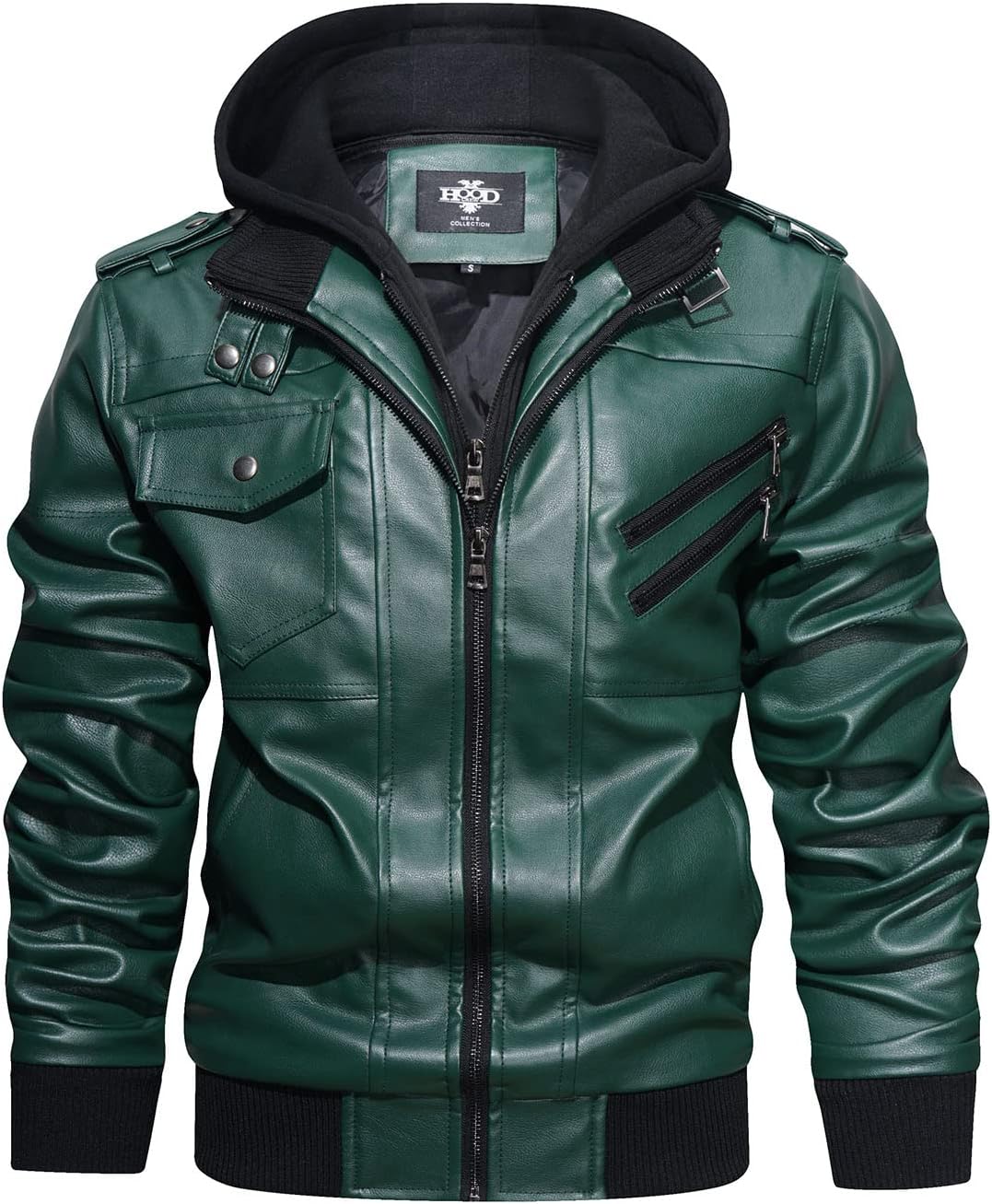 HOOD CREW Mens Casual Stand Collar PU Faux Leather Jacket