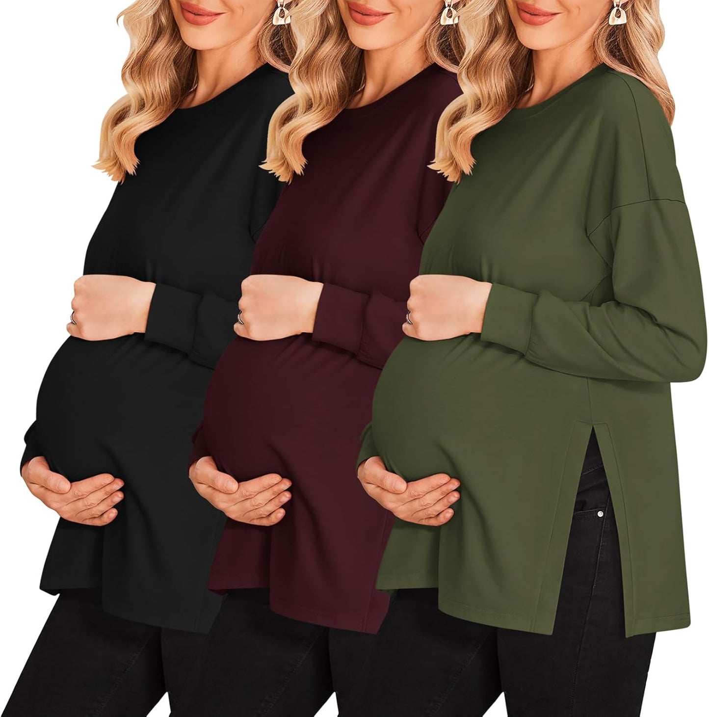 Ekouaer Maternity Shirts 3 Pack Long Sleeve Side Ruched Tops