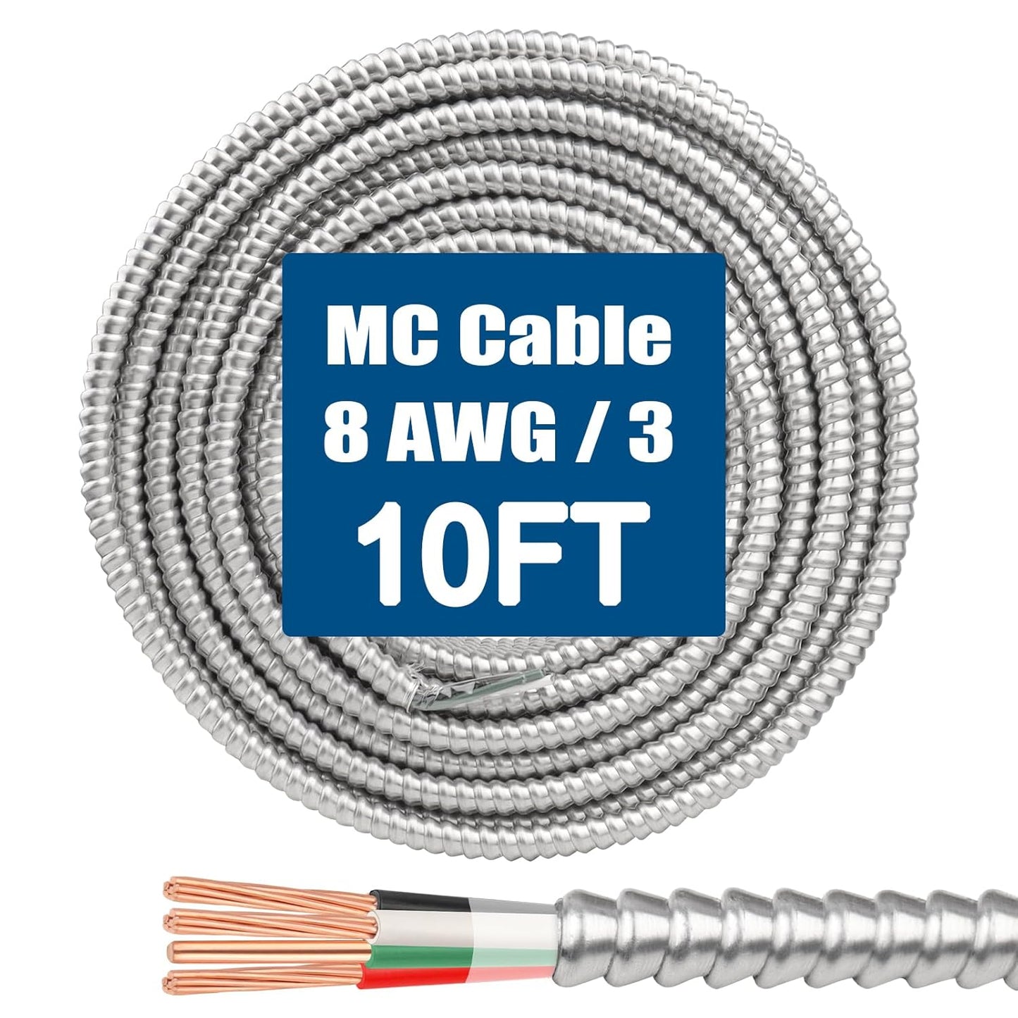 8/3 MC Cable with Ground - 10FT Heavy-Duty Metal Clad Wire