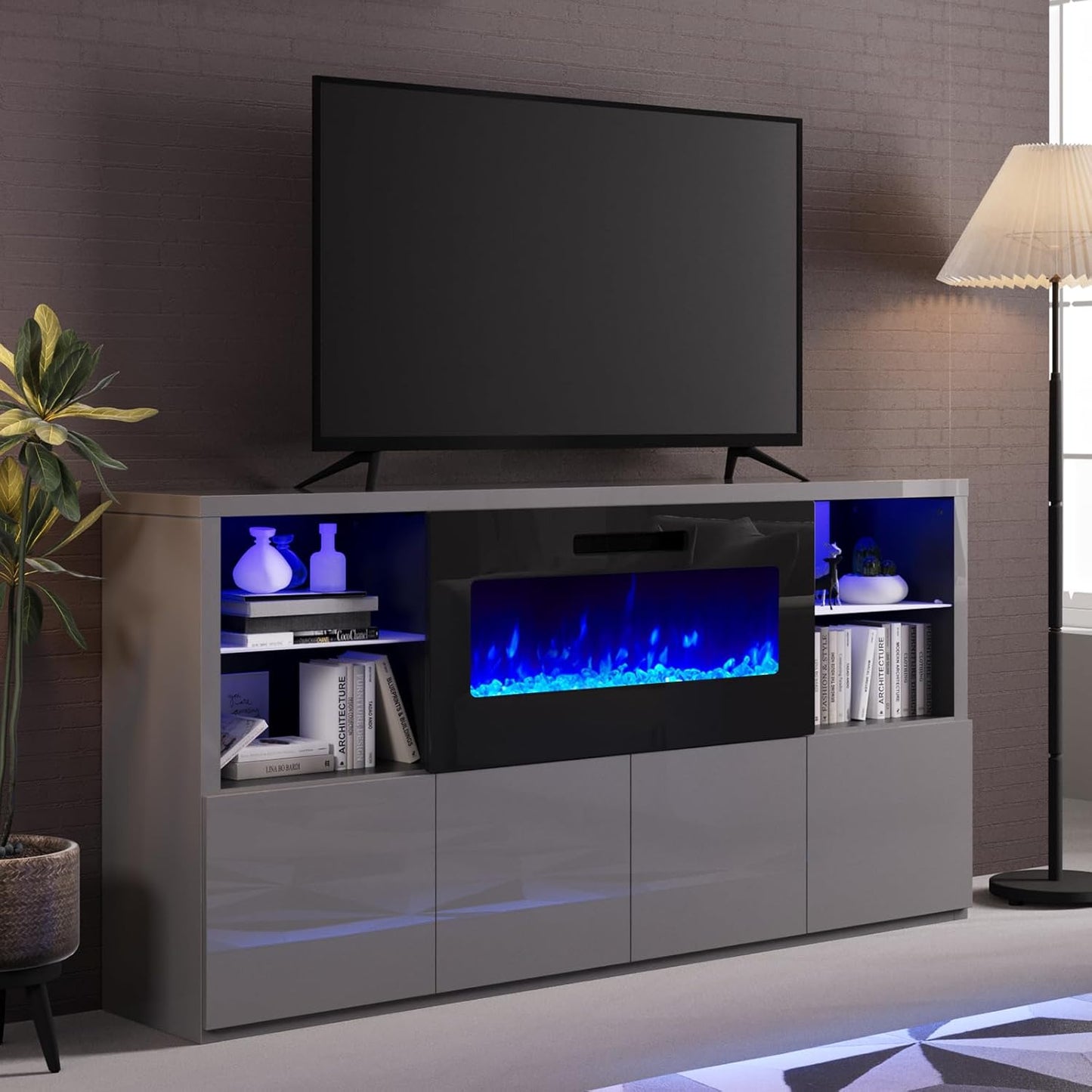 High Gloss Fireplace TV Stand with LED Lights
