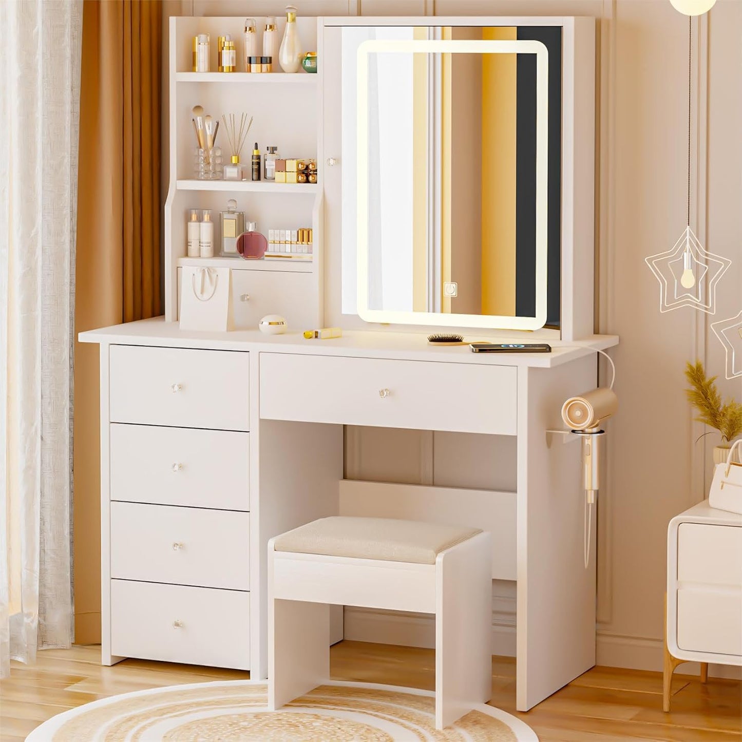 White Vanity Desk with Lights & Storage