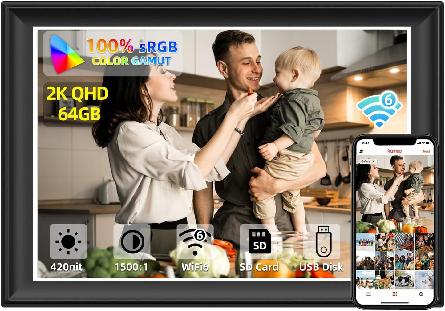 2K 11in Digital Picture Frame with WiFi and Touch Screen Features
